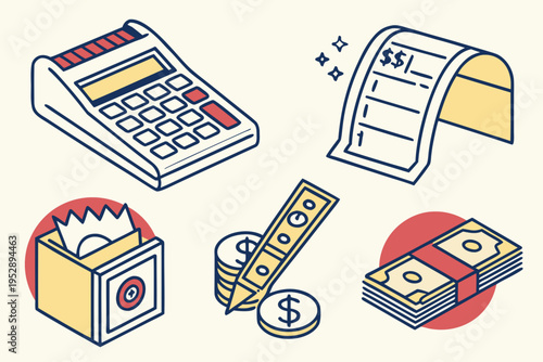 Collection of cash register and various money related items