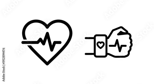 Heart with heartbeat line icon and wrist with smartwatch showing heartbeat, representing health monitoring and fitness tracking, clean vector graphics