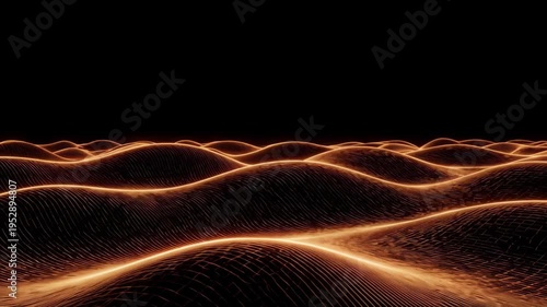 Abstract glowing wave landscape with orange neon lines, futuristic digital terrain background