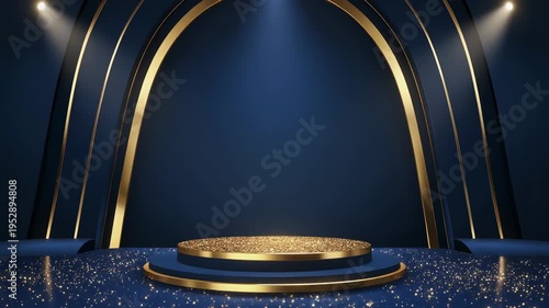 Luxury podium stage with gold and blue arches, elegant product display background