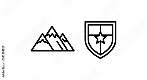 Team mountains and shield icons: simple line art symbols representing teamwork, strategy, and challenges in business or sports