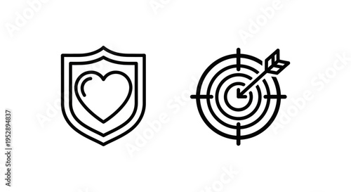 Shield with heart icon representing brand values and target icon for core values concept with line art