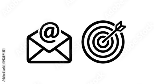 Email envelope icon with at symbol and dartboard with arrow icon representing digital marketing goals