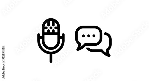 Microphone icon and speech bubbles icon representing podcasting and communication concepts with speech bubble