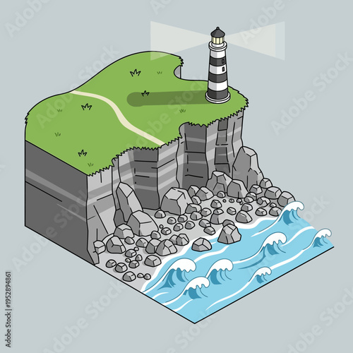 Isometric illustration of a lighthouse on a cliff overlooking the ocean with waves.