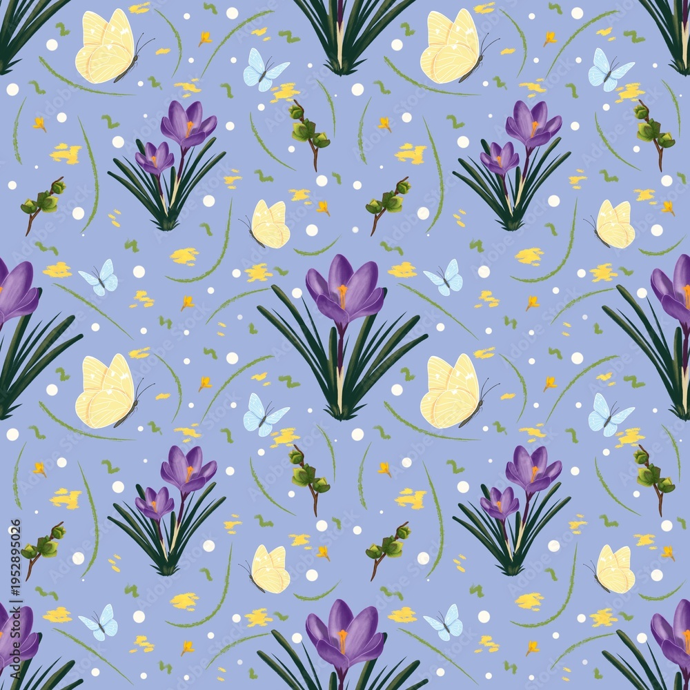Fototapeta premium Spring seamless pattern with purple snowdrops and yellow butterflies