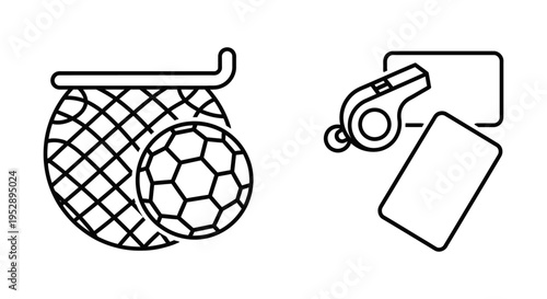 Soccer ball in net and referee whistle with cards icon