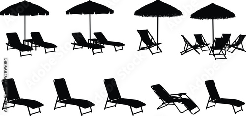 Beach chair and umbrella silhouettes set featuring lounge furniture for summer vacation, tropical resort relaxation, seaside leisure, outdoor travel, and coastal holiday design concepts