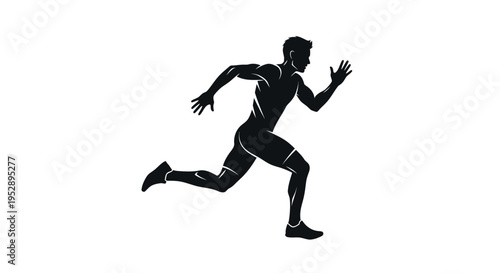 Black silhouette of a man running quickly with arms outstretched and one leg extended in a dynamic sprinting motion on a plain white background for athletic or fitness designs
