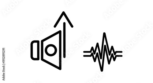 Speaker icon with bass boost arrow and sound wave graph, indicating audio enhancement, music volume, and sound quality, sound system