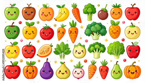 A collection of colorful and cute cartoon fruits and vegetables with friendly smiling faces on them Vector