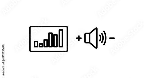 Audio volume bar graph and speaker icon with plus and minus symbols for sound level adjustment and control