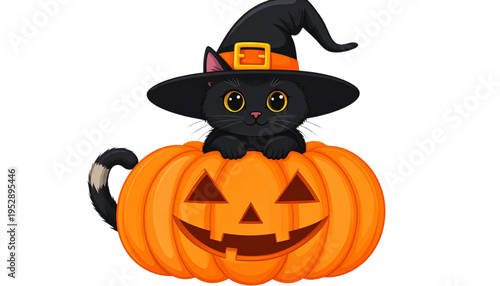 A cute black kitten wearing a witch hat sitting inside a carved orange halloween jack o lantern Vector