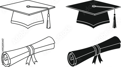 Vector illustration of graduation caps and diplomas with tassels and ribbons, symbolizing academic achievement, education success, ceremony celebration, and completion of studies