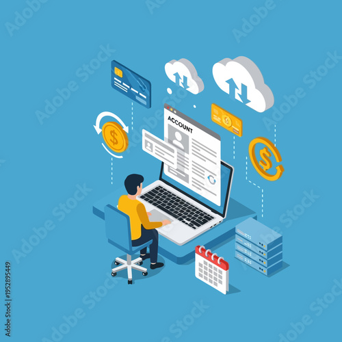 Isometric illustration of a person working on a laptop, accessing an online account with cloud storage.