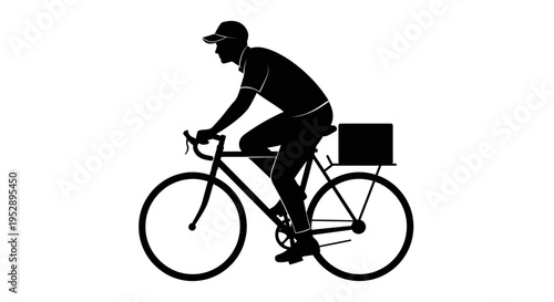 Silhouette of a man riding a bicycle with a delivery box attached to the back, depicting a courier or messenger in a simple black and white design