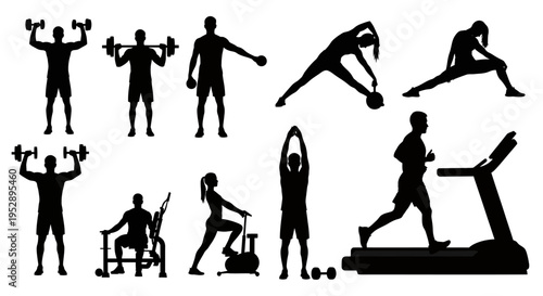 Fitness enthusiasts engaging in various exercises with dumbbells and equipment at the gym to stay healthy and strong
