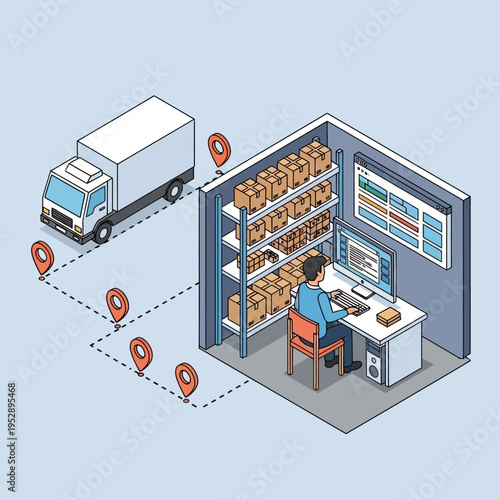 Isometric illustration of a warehouse with a truck, packages, and a worker managing logistics.