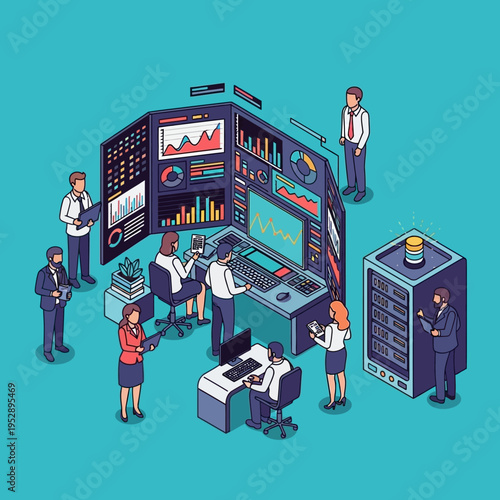 Isometric illustration of a data center with people working on computers and servers.