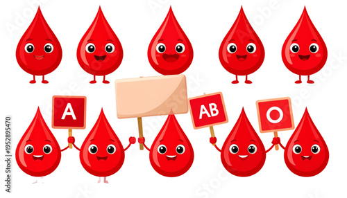 A collection of cute animated red blood drop characters holding various signs and placards Vector