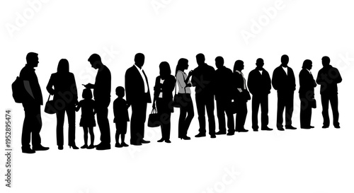 Silhouette of a diverse group of people standing in line waiting