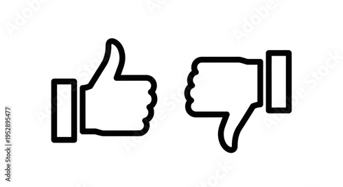 Simple line icons of a thumbs up and thumbs down symbol, representing approval and disapproval, on a white background, social media