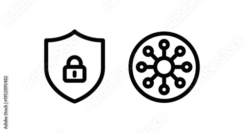 Outline icons showing a shield with vpn and lock symbol for security, and a network diagram for connectivity and data flow