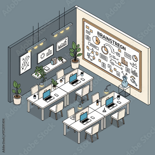 Isometric view of a modern office space with desks, computers, and a whiteboard.