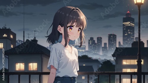 Anime girl standing on balcony at night city skyline, peaceful urban evening scene