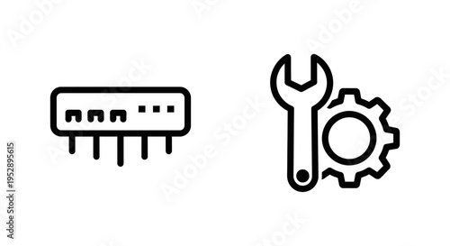 Circuit board connector pins and wrench with gear icon, symbolizing electronic components, engineering, and technical repair