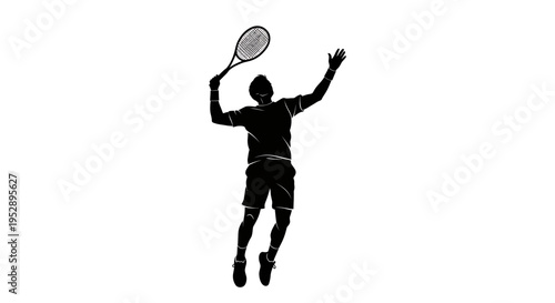 Tennis player jumping to hit a ball with racket in air