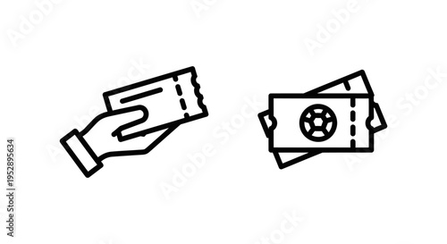 Hand holding ticket and stack of match tickets with soccer ball icon, representing event access and sales