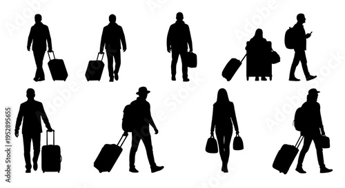 Silhouette of people walking with luggage and bags on white background
