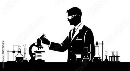 Scientist in a lab using a microscope surrounded by various laboratory equipment and glassware for experiments and research purposes very carefully and precisely