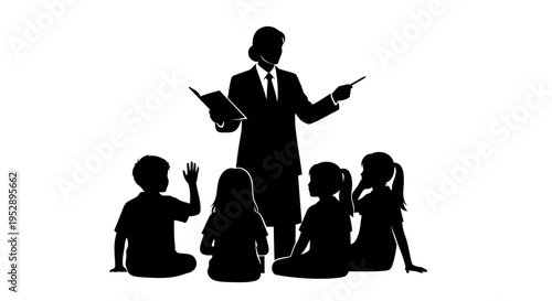 Teacher standing and explaining to students sitting on floor attentively