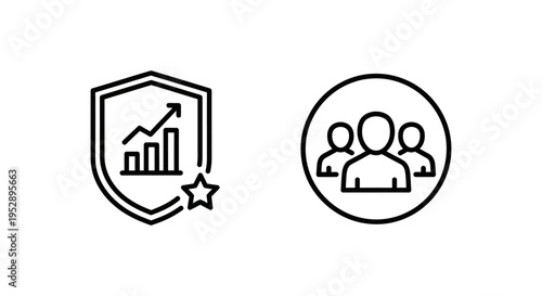Team statistics shield icon with upward trending graph and star, team performance metrics, success indicator, group analysis concept, collaboration assessment, human resources, business analytics, vec