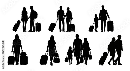 Silhouette illustrations of people walking with luggage and bags