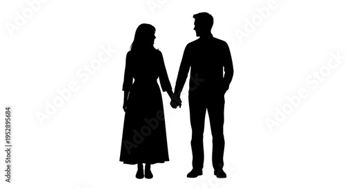 Silhouette of a couple holding hands facing each other romantically
