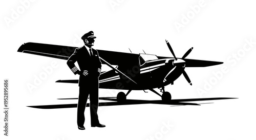Confident pilot standing in front of a small airplane ready for takeoff or arrival