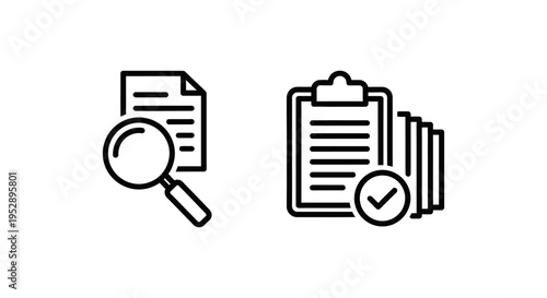 Magnifying glass over document and checklist on clipboard icons symbolizing identity audit trail and verification logs