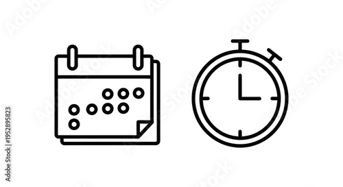Calendar icon with circles and stopwatch symbol representing season schedule, planning, and time management, isolated on white background