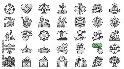 Social Values and Community Icon Set in Line Style. A collection of linear icons including justice, growth, education, voting, empathy, global networking, guidance