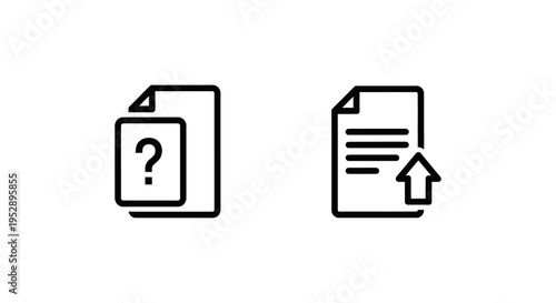 Question mark document icon and upload arrow document icon representing support ticket and ticket request, isolated on white background