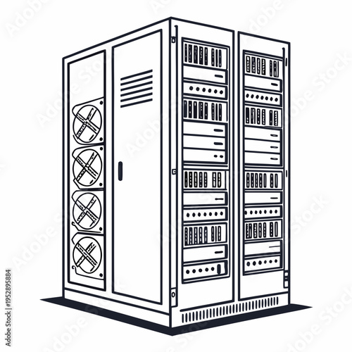 A large server cabinet with multiple fans and disk drives