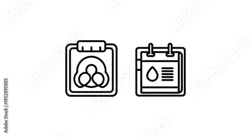 Minimal vector line icons for blood donation and medical record, representing healthcare and science with clean, modern design elements, line art