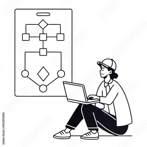 A man sitting with a laptop and looking at a flowchart