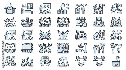 Student Life and Campus Events Icon Set in Linear Style. A collection of campus linear icons including graduation, school, lecture, award, club, protest, voting, and more. Editable Stroke.