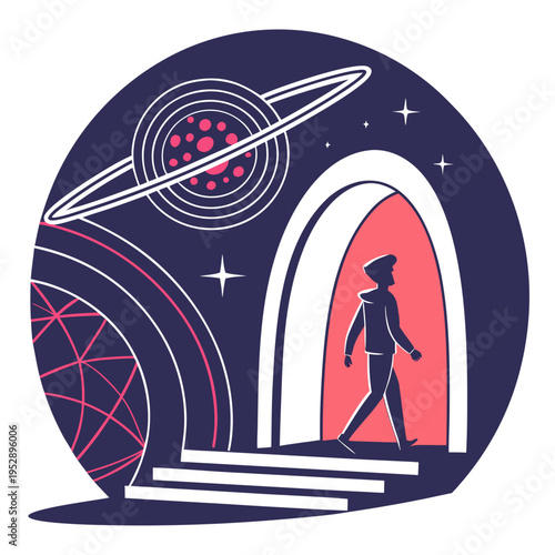 Man walking through an archway into space