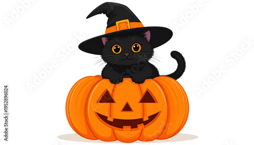 A cute black kitten wearing a magical witch hat sitting inside a carved orange jack-o'-lantern Vector