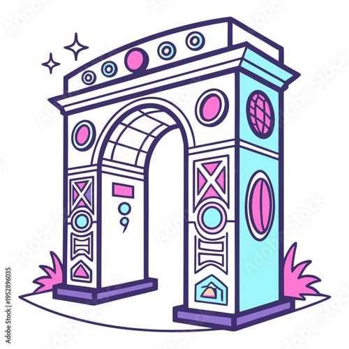 A colorful archway with pink and blue designs